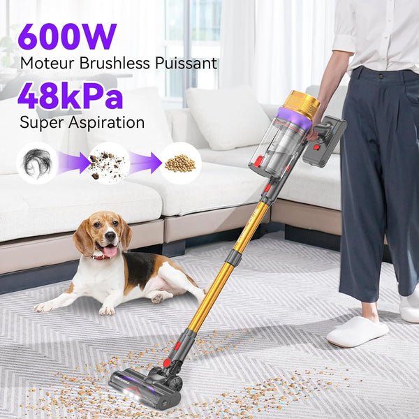 Vistefly V15 Ultra Aspirateur Balai sans Fil, 600W/58Kpa/70Mins Aspirateur sans Fil Puissant avec Écran Double, Design à Double Conteneur Aspi pour Sols Durs Poils d'animaux Tapis