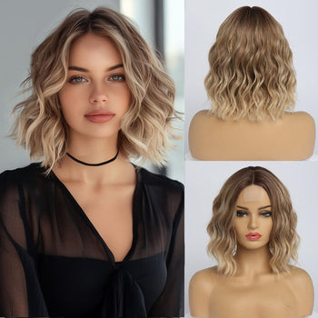 Simkaylee Perruque pour femme - Blond ombré - Courte et ondulée - Avec racines foncées - Pour femme - Longueur épaule - Raie au milieu - Pour un usage quotidien - 36 cm