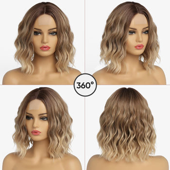 Simkaylee Perruque pour femme - Blond ombré - Courte et ondulée - Avec racines foncées - Pour femme - Longueur épaule - Raie au milieu - Pour un usage quotidien - 36 cm
