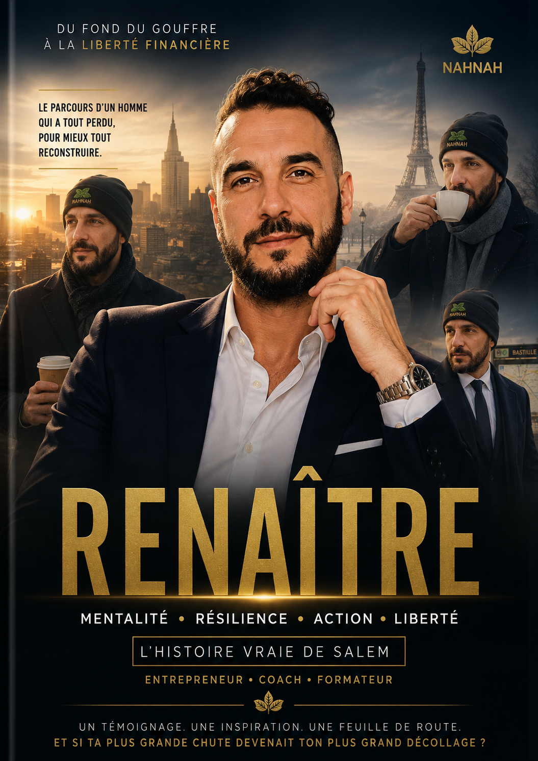 Livre RENAITRE, du fond du gouffre a la liberte financiere, histoire vraie de Salem, couverture noire et doree NAHNAH